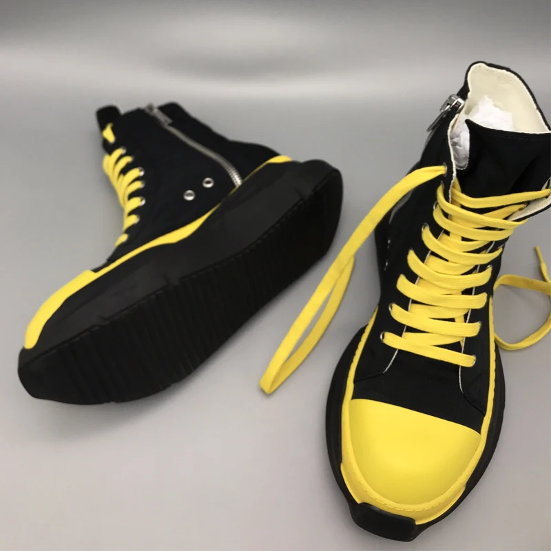 

Rick Hip Hop RO Owens Men's Soled Boots Couple's Shoes Black and Yellow Shoe Streetwear Owens Shoes Men Women Casual Sneaker