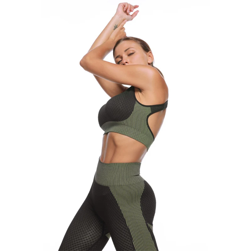 

Sexy sports fitness yoga bra set solid color tank top elastic seamless leggings two-piece suit women