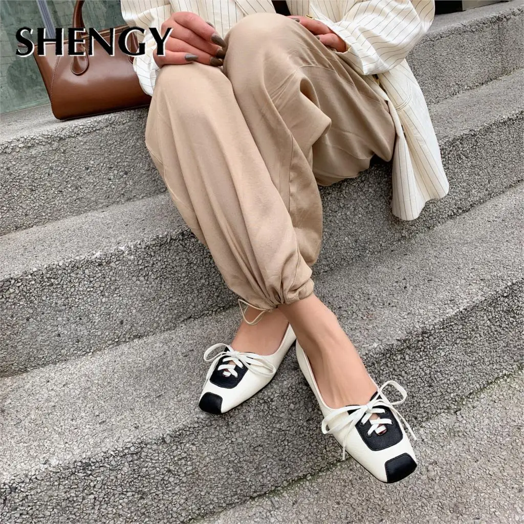 2020 Flat Women Casual Shoes Square Toe Women Flats Patchwork Shallow Sweet Sandals Lace Up Office Lady Shoes for Girls Pumps images - 6