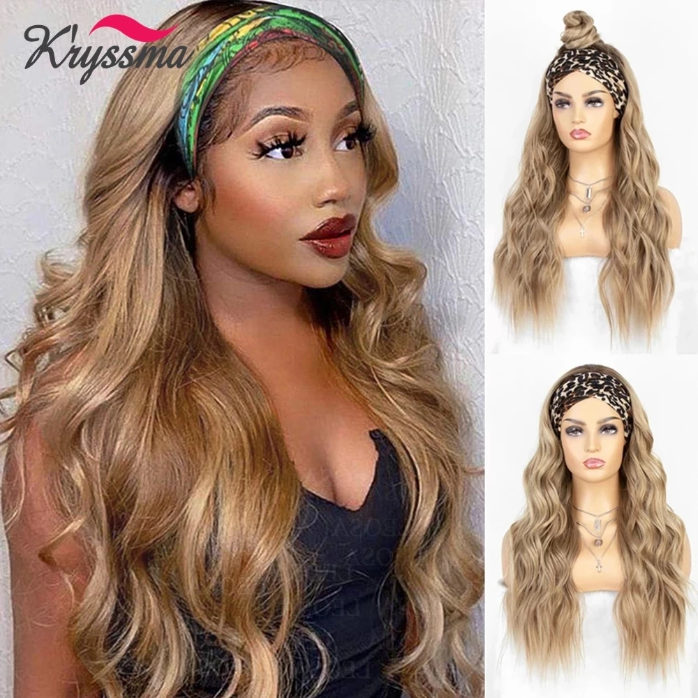 kryssma Long Wavy Hair Wig Natural Ash Blonde Headband Synthetic Wigs Ombre Body Wave For Women Heat Resistant | Шиньоны и парики
