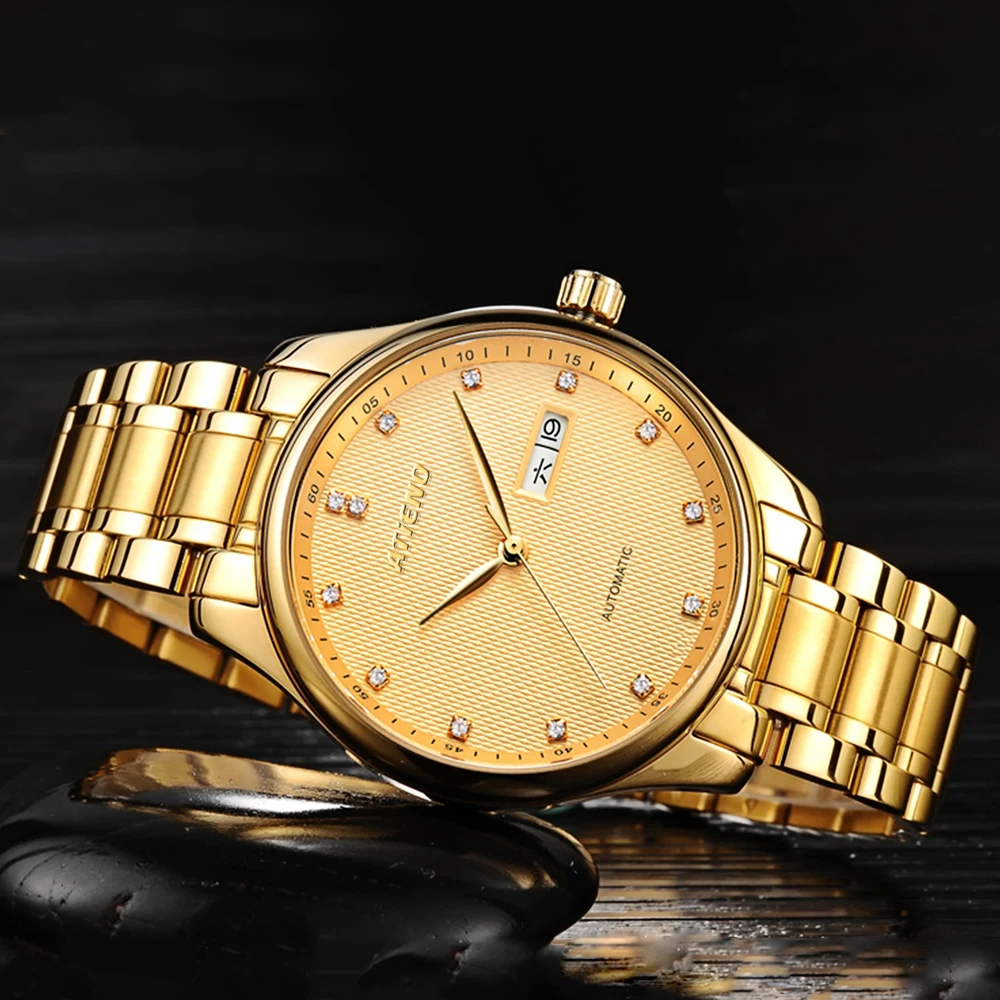 Мужские наручные часы ATIENO роскошные золотистые из нержавеющей стали 3 АТМ |