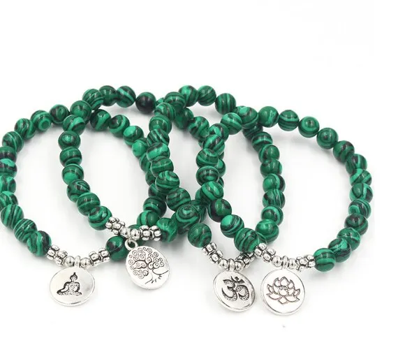 

8 мм tf54 эластичный настраиваемый Шарм природа камень лотос жизнь дерево голова Будды Малахитовый Шарм чакра исцеляющий браслет Рэйки