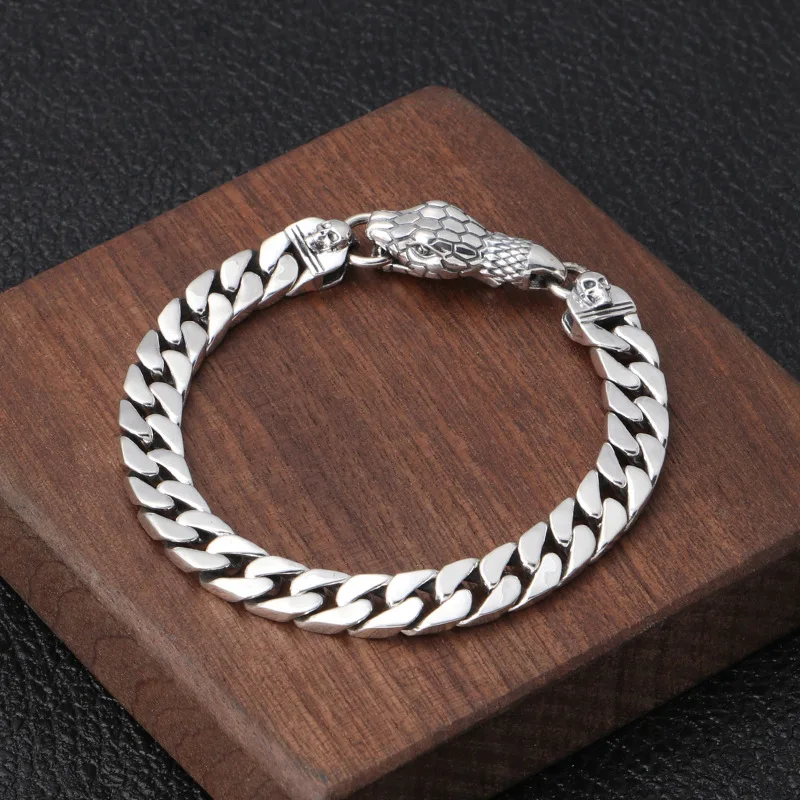 Genuine 925 Sterling Silver Men's Bracelet Jewelry Vintage Classic Snake Head Buckle Glossy Domineering Accessories | Украшения и