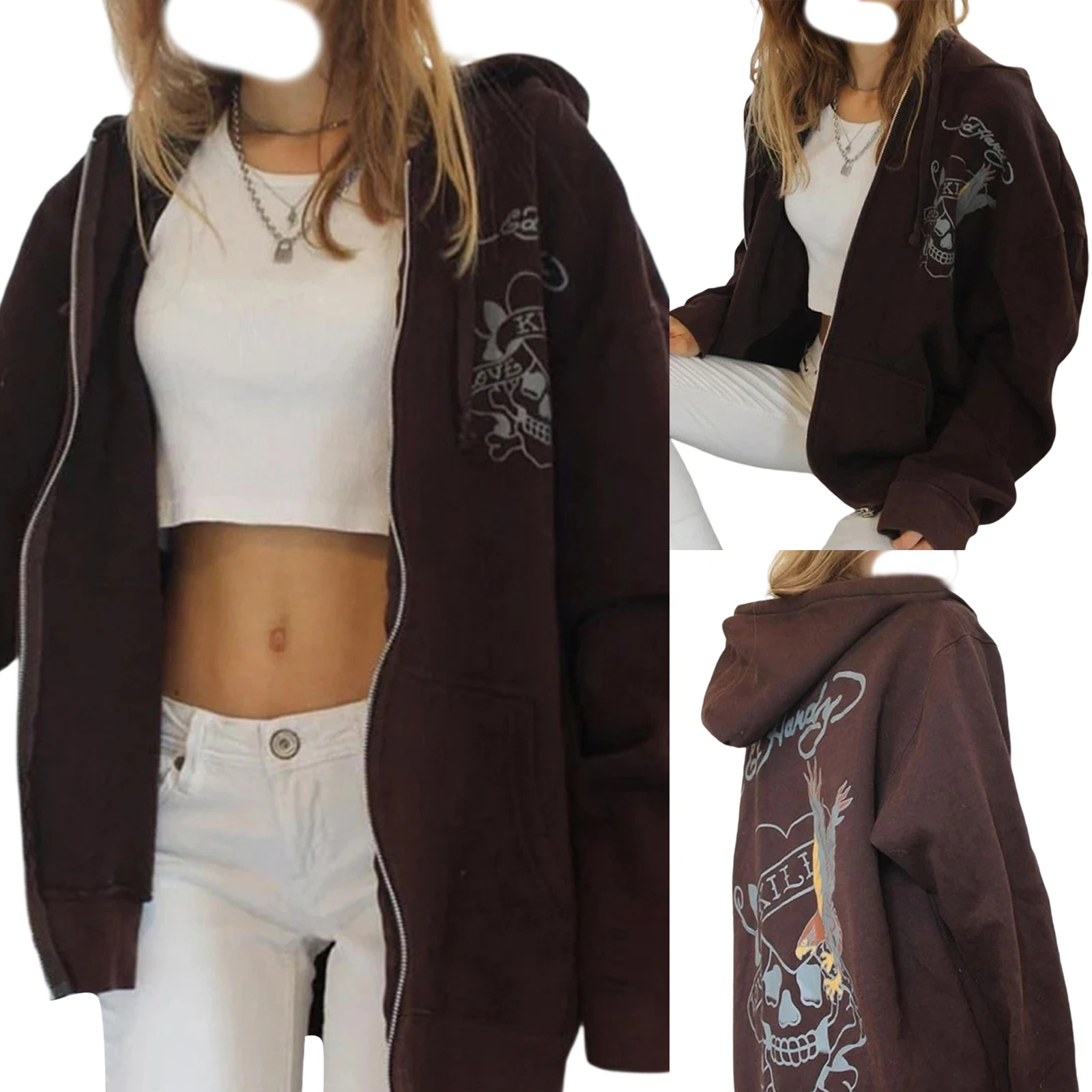 

Женская свободная куртка на Хэллоуин, Коричневое Пальто с капюшоном и молнией с принтом, M/ L/ XL/ XXL, 2021 г.