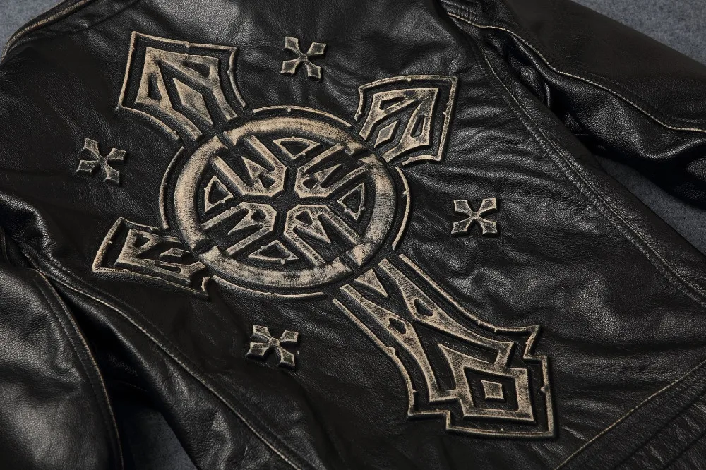 

Men's 2021 New Motorcycle Leather Jacket Vintage Black Thick Cowhide Genuine Rider Jackets Back 3D Cross Biker Coats