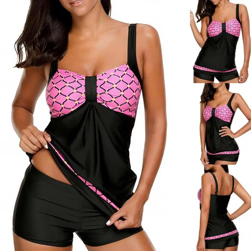 

Color Stitching Swimsuit Printed Woman Padded Bikini Sets Beach Party Flat Angle Bathing Suits