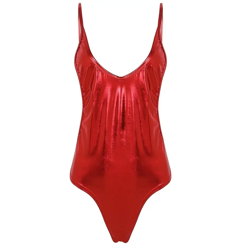 Женский латексный купальник стринги с блестящим металлическим блеском без