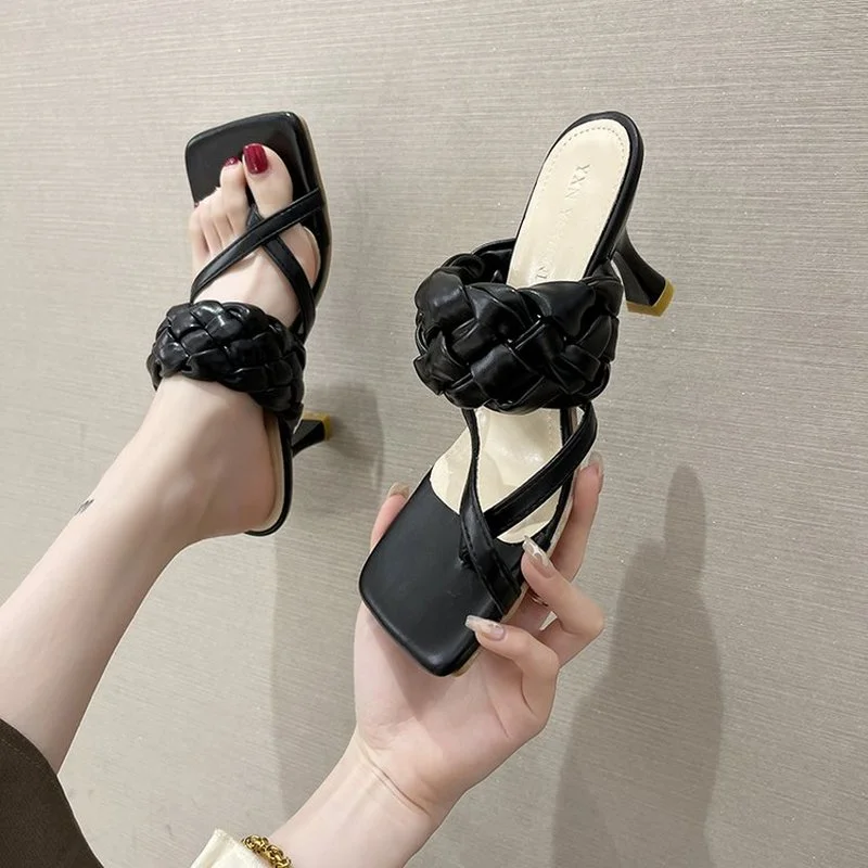 

Sandals women 2021 European and American new hand-woven flip-flops high-heeled large size sandals and slippers women