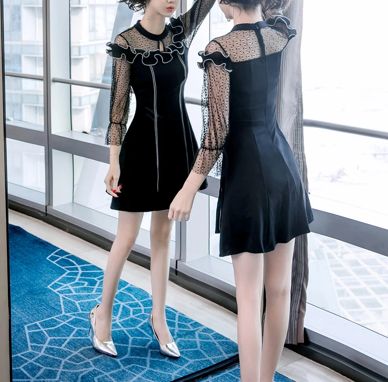 

New women clothes Spring and summer new style Vintage high waist dress Lace stitching dress Slim black dress