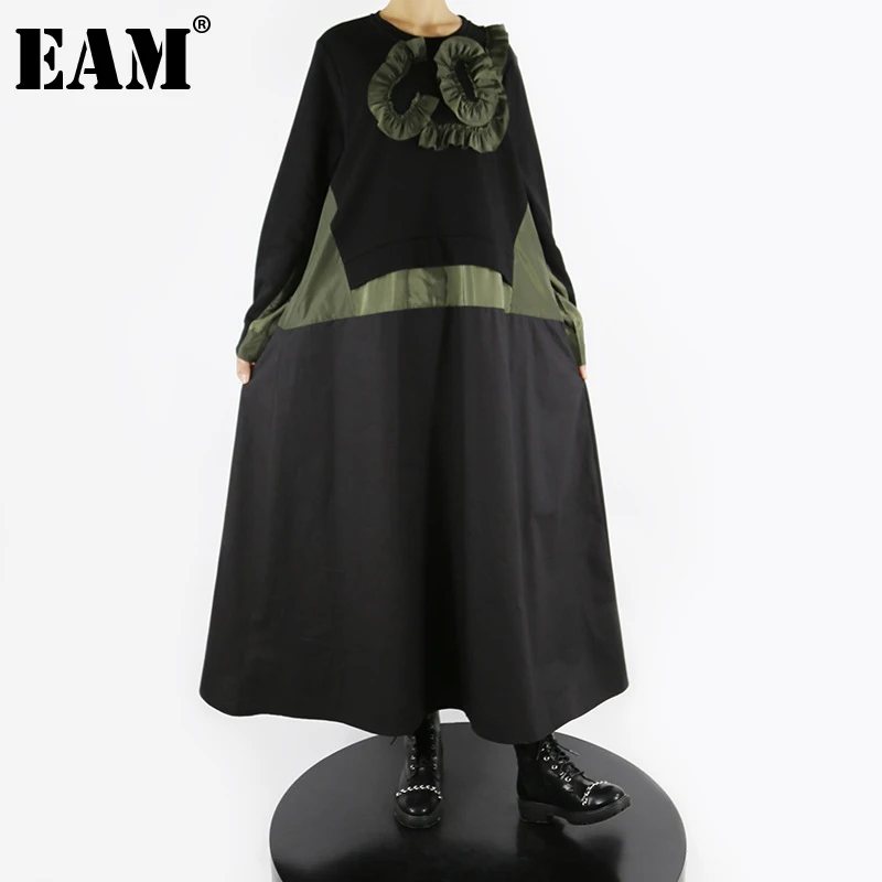 

[EAM] Women Black Ruffles Big Size Long Dress New Round Neck Long Sleeve Loose Fit Fashion Tide Spring Autumn 2022 1DE5907