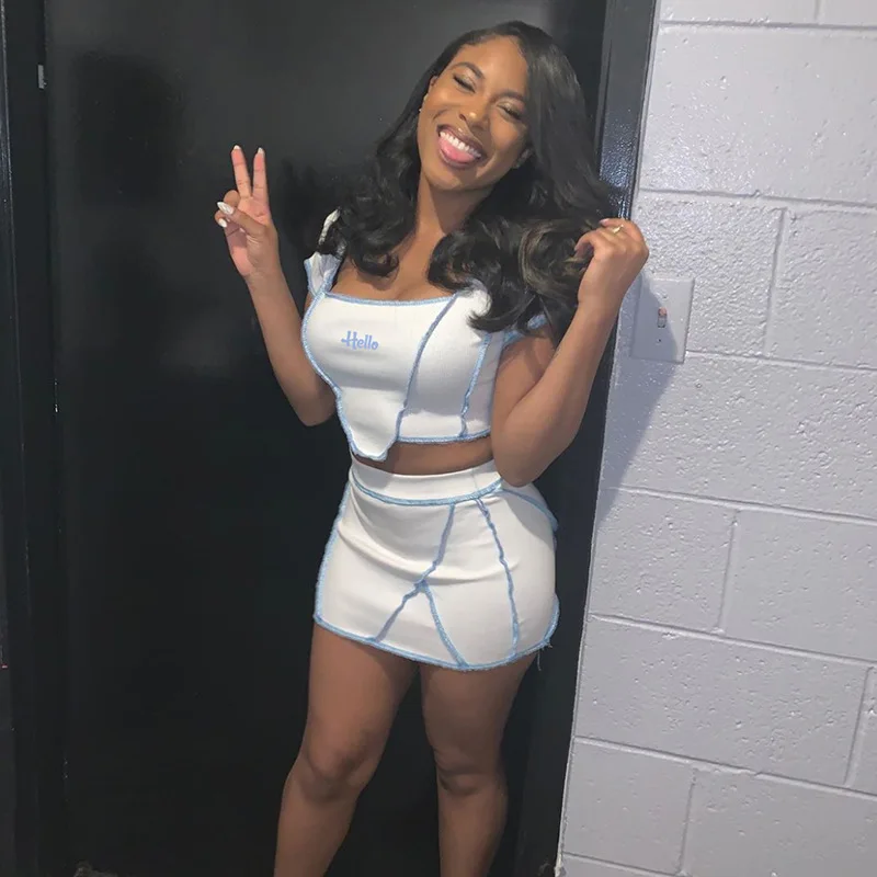 Double Strawberry Summer Short-sleeved letter emb Collar T-shirt High Waist Skinny Skirt Casual Suit Women Two Piece Outfits | Женская