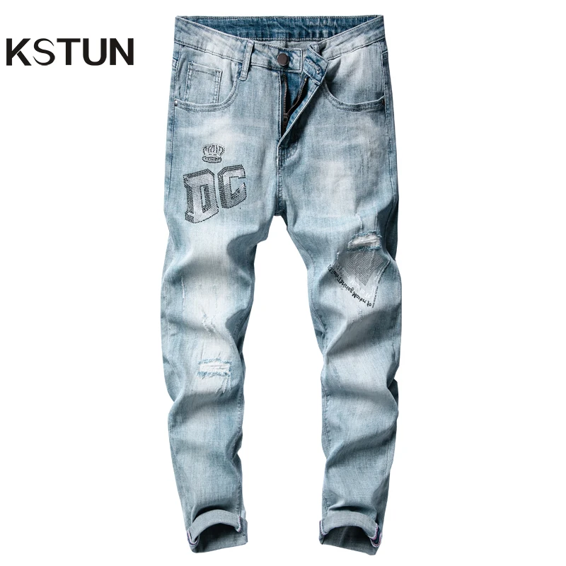 Обтягивающие джинсы для мужчин равные светильник синий стрейч высокого качества