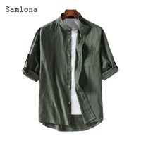 Samlona Plus Size Men Shirt Linen Tops Sexy Mens clothing 2021 Single-breasted Man Tunic Blouse Short Sleeve Green Casual Shirts