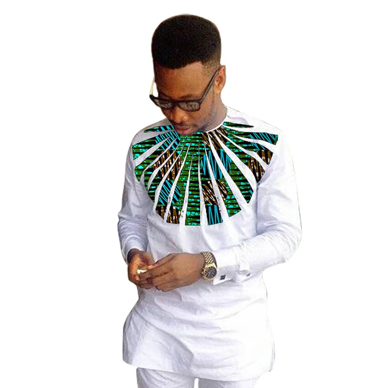 African clothing men's shirt O-neck Ankara white with print tops patchwork customized wear male dashiki for wedding | Мужская одежда