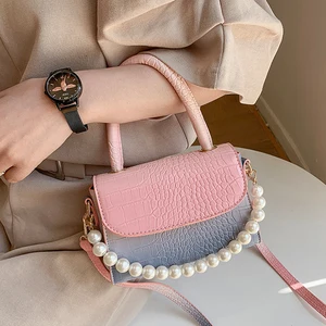 beaded pearl chain womens shoulder bag fashion designer crocodile pattern crossbody bag pu leather gradient female handbag free global shipping