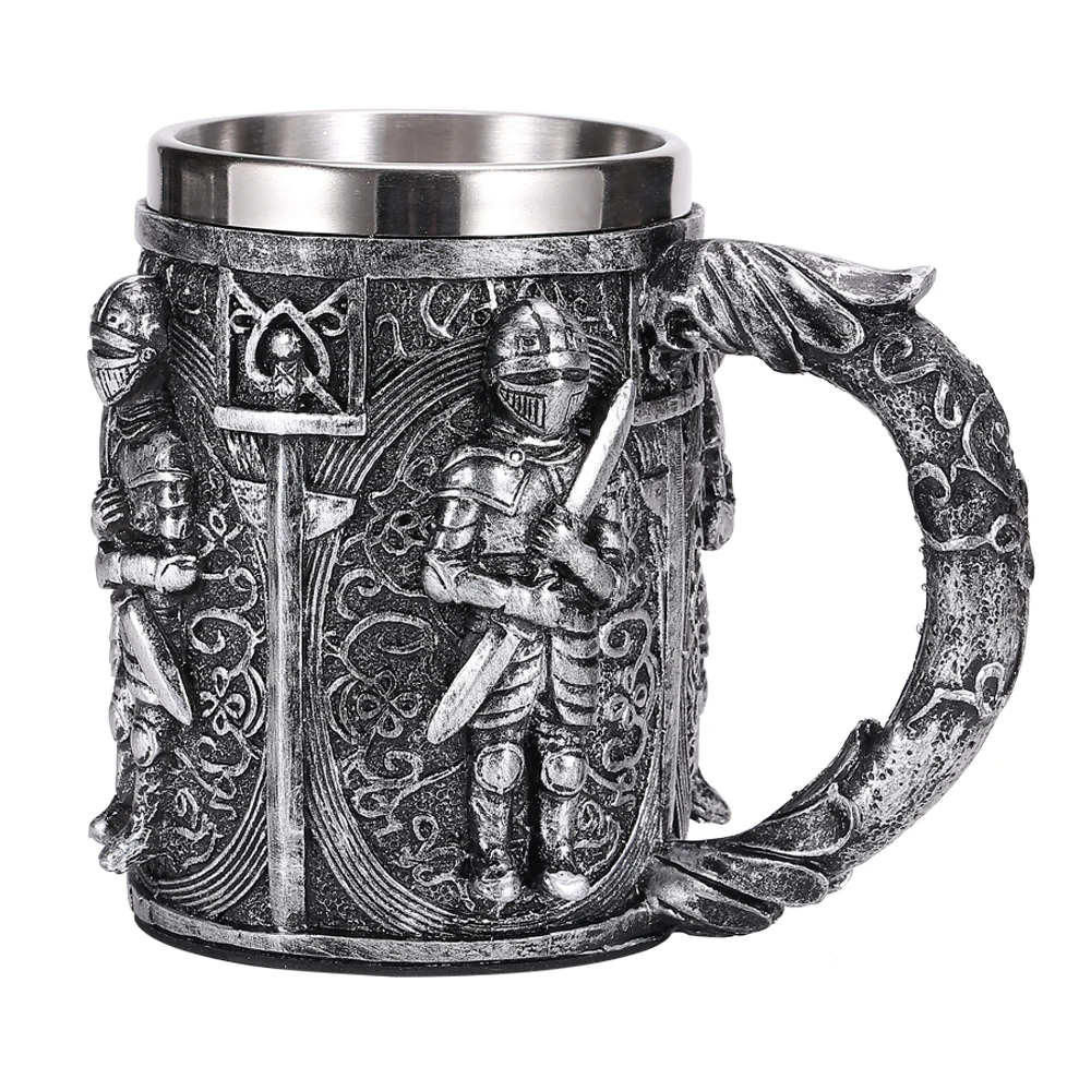 

Medieval Warrior Resin Stainless Steel Beer Mug Knight Stein Retro Tankard Creative Coffee Cup Viking Tea Mug Pub Bar Decoration