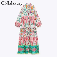 cnlalaxury 2021 women vintage floral print shirt midi dress female chic long sleeve breasted pleats kimono vestidos robe femme