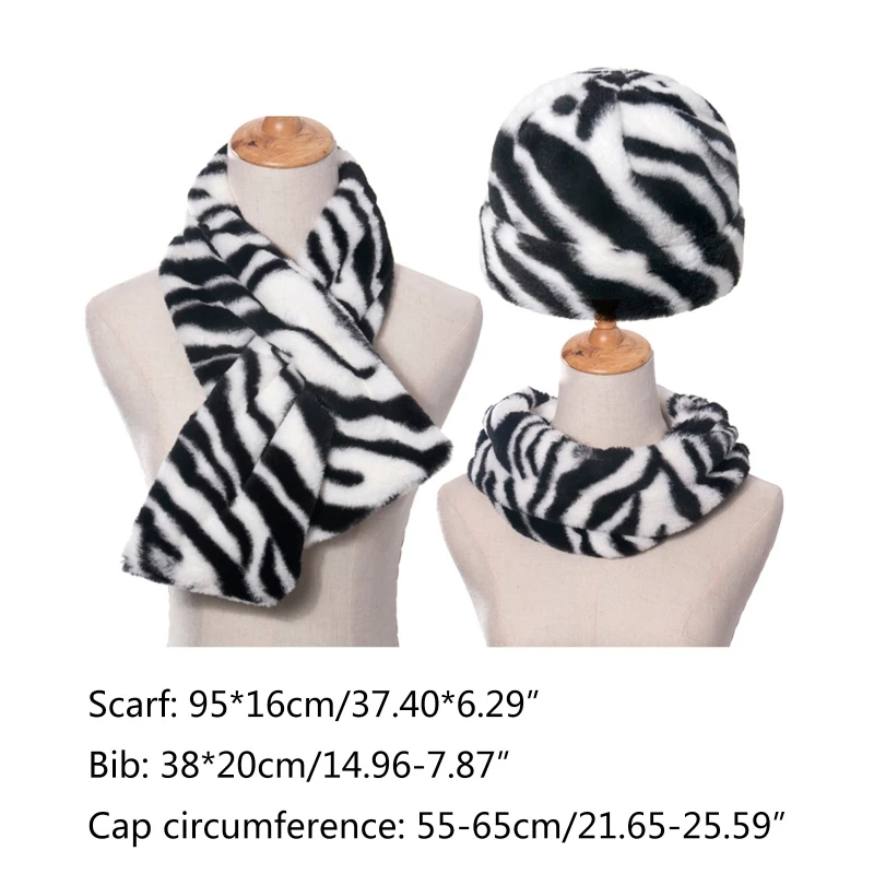 

3 Pcs Women Men Zebra Stripes Print Beanie Hat with Scarf Set Thicken Fuzzy Plush Outdoor Windproof Ski Cuffed Skull Cap Neck Wa