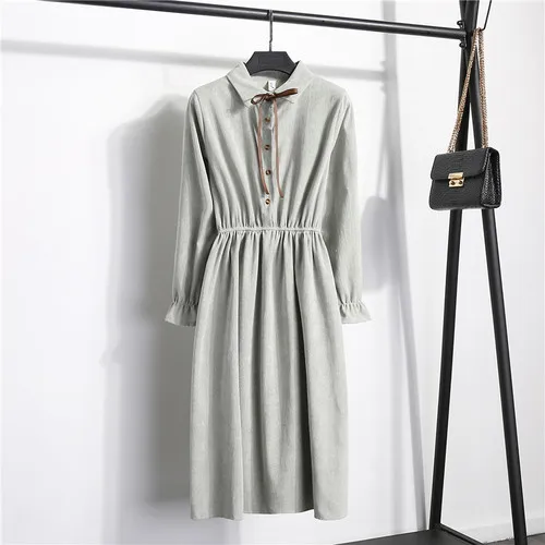 green Осенне-зимнее женское вельветовое платье однотонное vestidos mujer винтажное повседневное однобортное платье трапециевидной формы с воротником-стойкой и длинными рукавами - Цвет: green