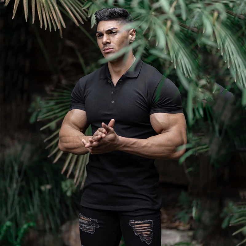 

Running T-shirt Men Sports Short Sleeve Polo Shirts Summer Slim Fit Turn Collar Gym Bodybuilding Fitness Polo Shirt plus size