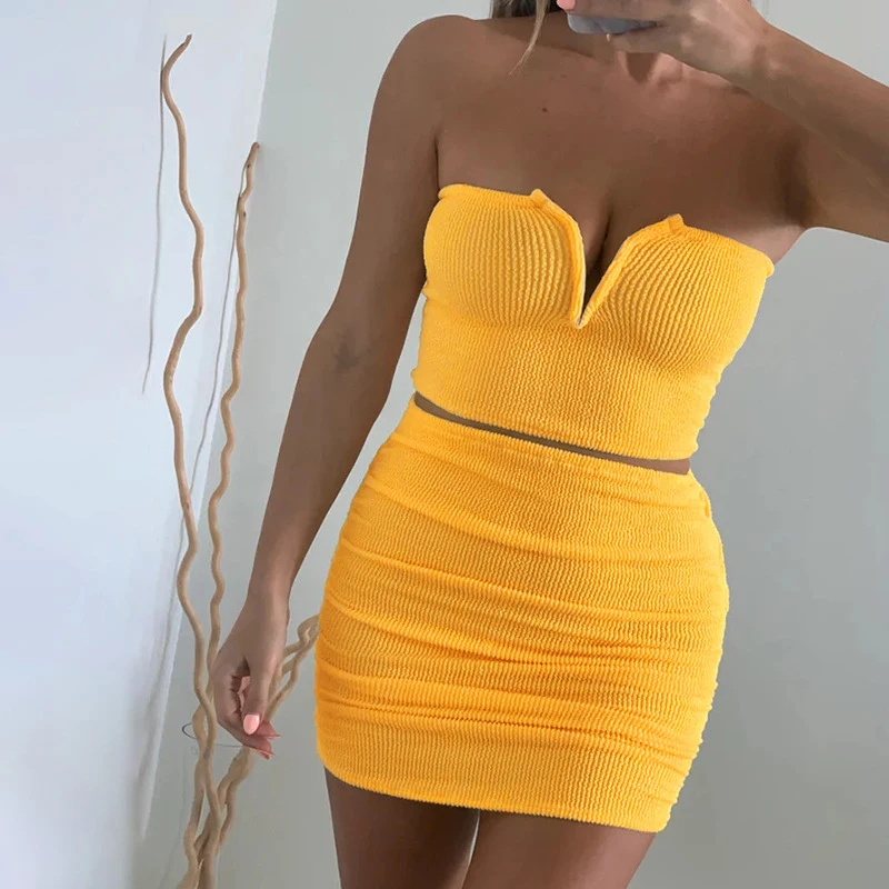 Simenual Yellow Skinny Tube Top And Skirt Matching Sets Night Clubwear Birthday Outfit For Women Ruched Elastic Two Piece Set