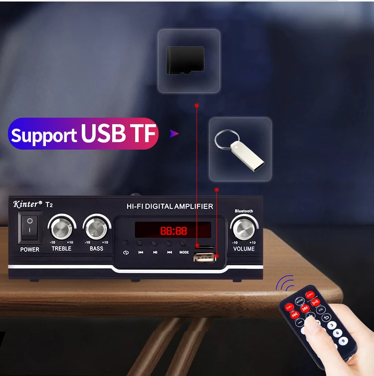 Kinter T2 для bluetooth 2.0CH Усилитель Аудио 20 Вт с usb sd входом fm радио управление сабвуфер ВЧ питание AC220 DC 12 В