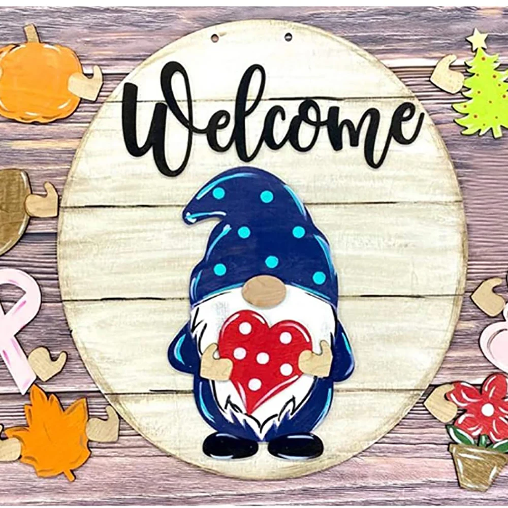 

Gnome Door Hanger Seasonal Welcome Sign with Interchangeable Holiday Pieces for Front Door Porch Hanging Handmade Hogard