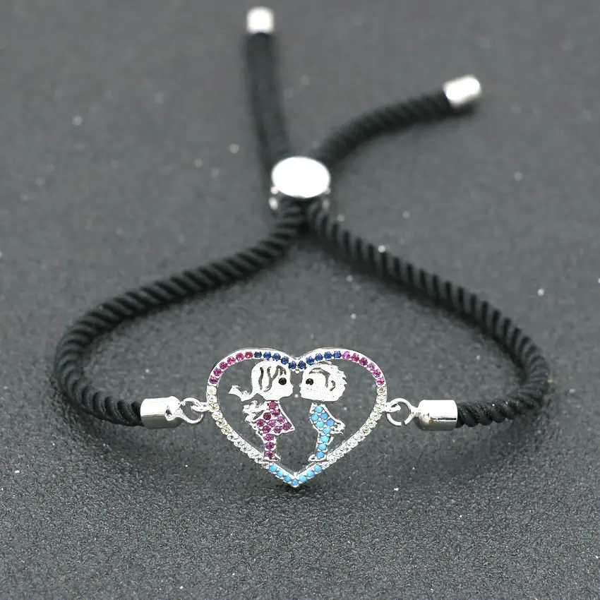 Романтический браслет для пары серебристый циркониевый любящее сердце