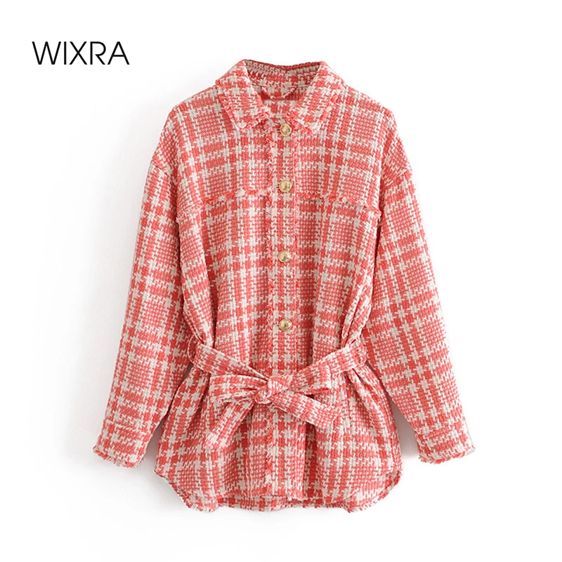 Wixra клетчатое пальто с длинным рукавом Милая Корейская куртка поясом 2020 осенние