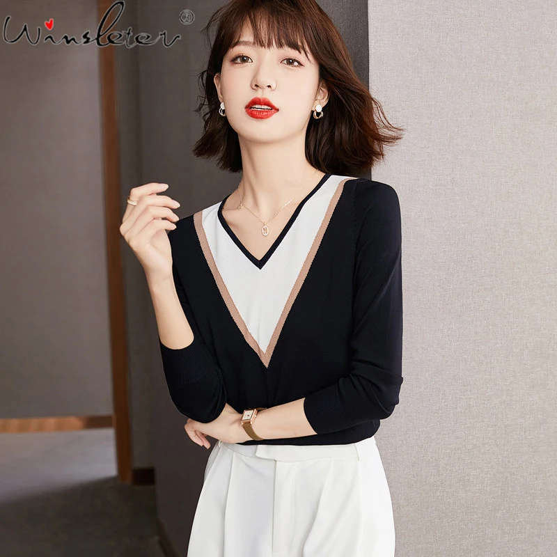

Spring Autumn 2021 Sweater Women Color Block V-Neck Long Sleeve Pullover Knitwear Tops Jumper Women Clothing T18405A