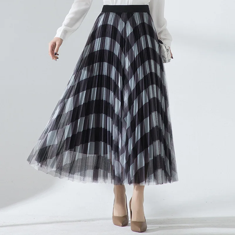 

Женская длинная юбка с завышенной талией, винтажная клетчатая трапециевидная юбка до середины икры из тюля в стиле Харадзюку, весна-лето