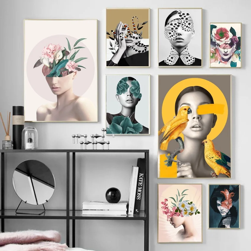 Абстрактная девушка растительные листья роза настенная живопись на холсте