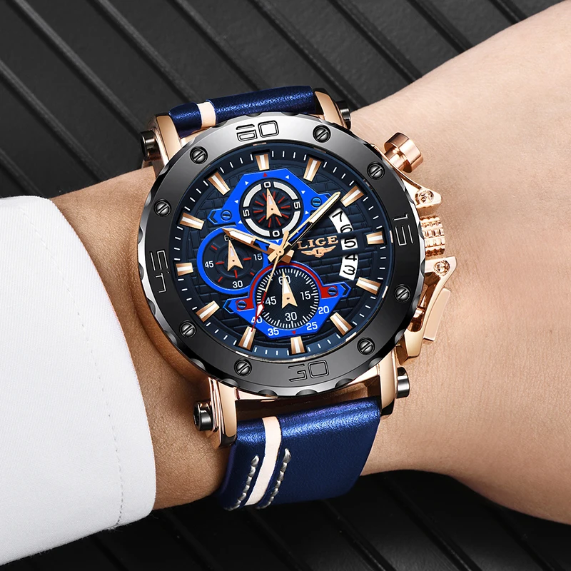 Часы наручные LIGE Мужские кварцевые с большим циферблатом брендовые Роскошные