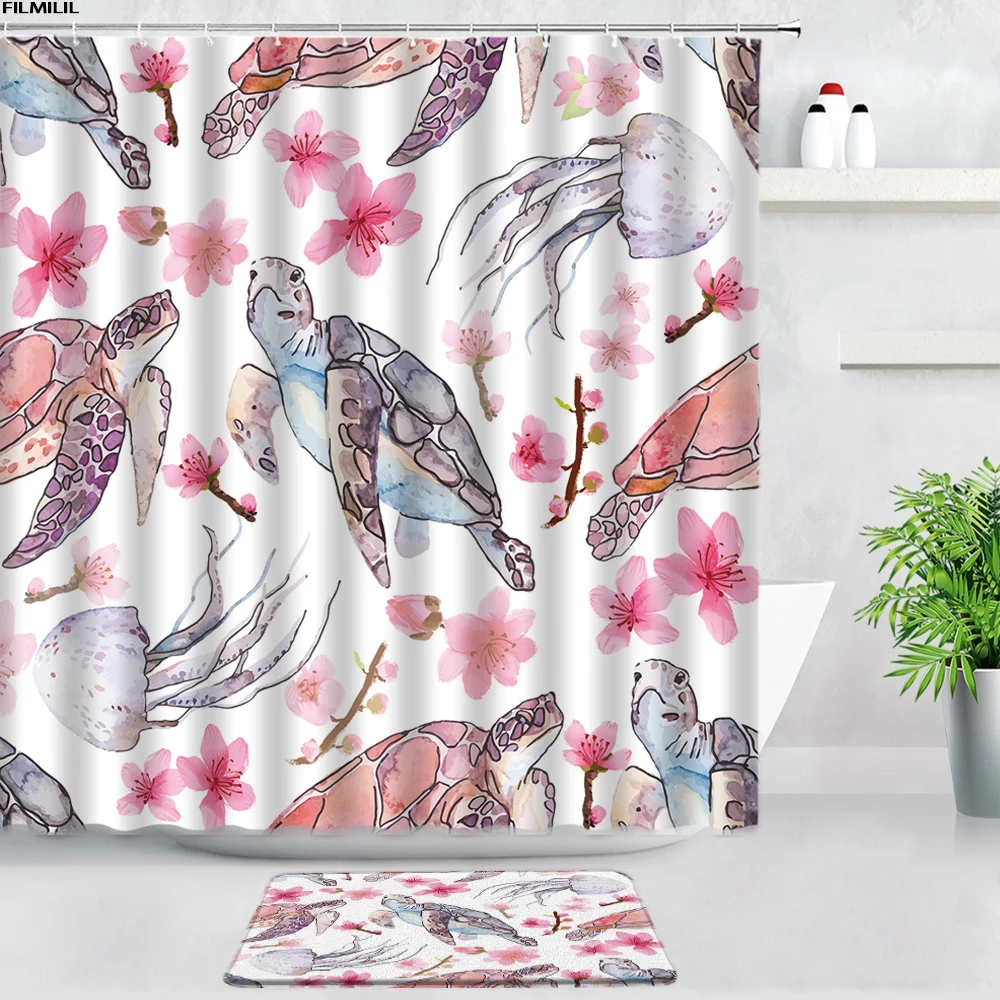 

Sea Turtle Shower Curtains Bathroom Carpet Watercolor Ocean Animal Creative Design Home Decor Non-slip Rug Door Pad Bath Mat Set