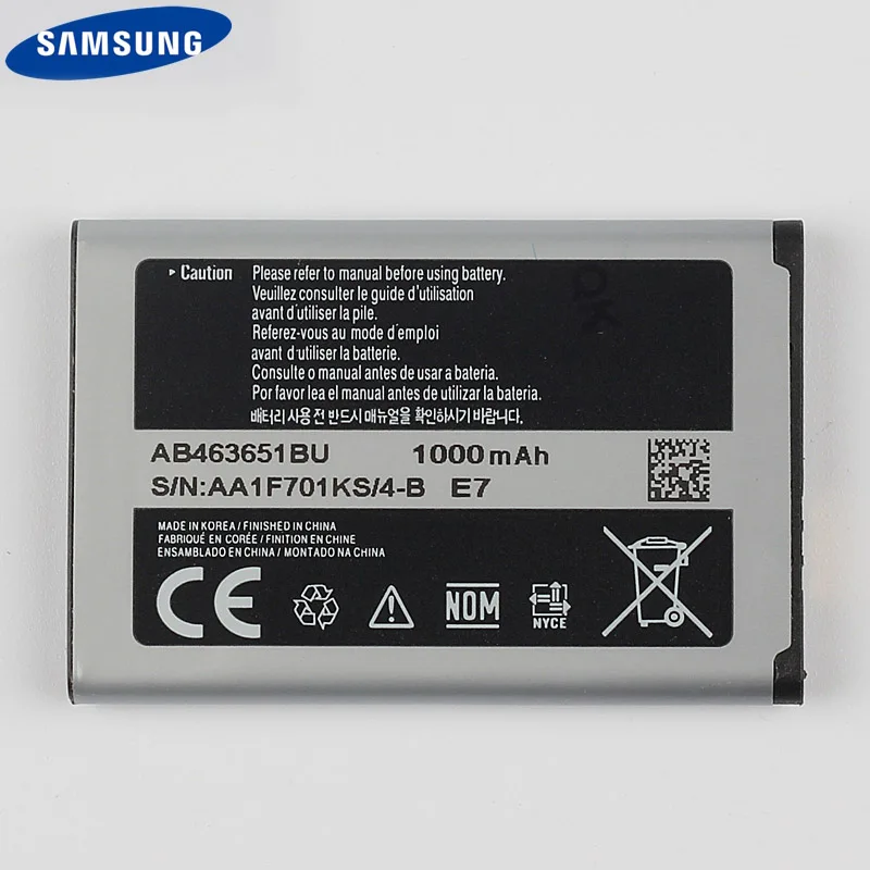 Оригинальный аккумулятор SAMSUNG AB463651BC для Samsung J800 S3650 S7070 S5608 S3370 L700 W559 S5628 C3222 B3410 F339 1000