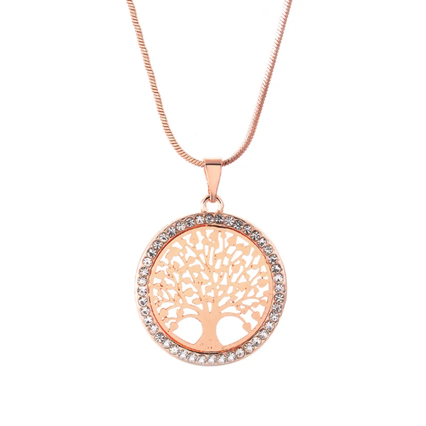 

Модное ожерелье из сплава розового золота с круглой подвеской «Древо жизни», ожерелье из сплава, стразы