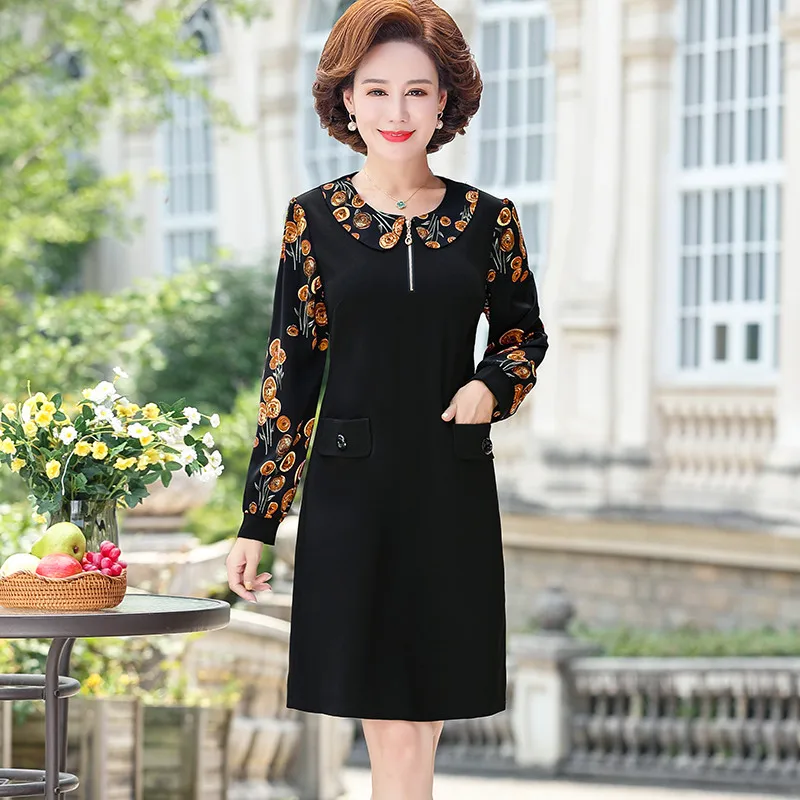 

New Women Floral Print mid-age Slim spring long Sleeve Straight And knees Dress Sexy Female Casual work Dresses 5XL