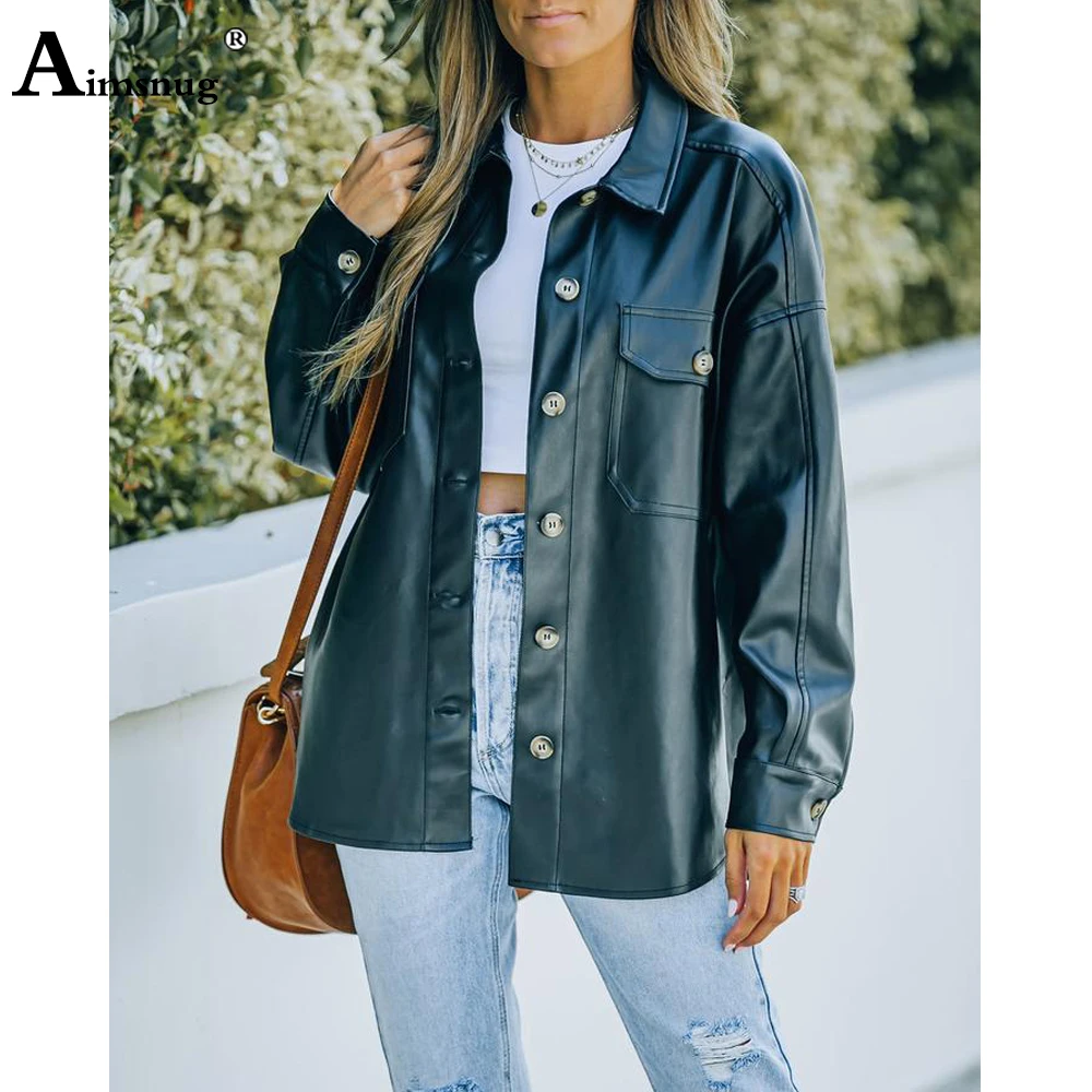 Women Faux Pu Leather Jackets Female Lepal Collar Outerwear 2021 Single Breasted Top Autumn Punk Style Jacket Womens Streetwear