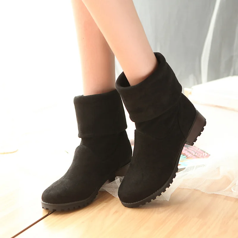 KALENMOS/осенне-зимняя обувь женские ботинки до середины икры из флока на платформе и