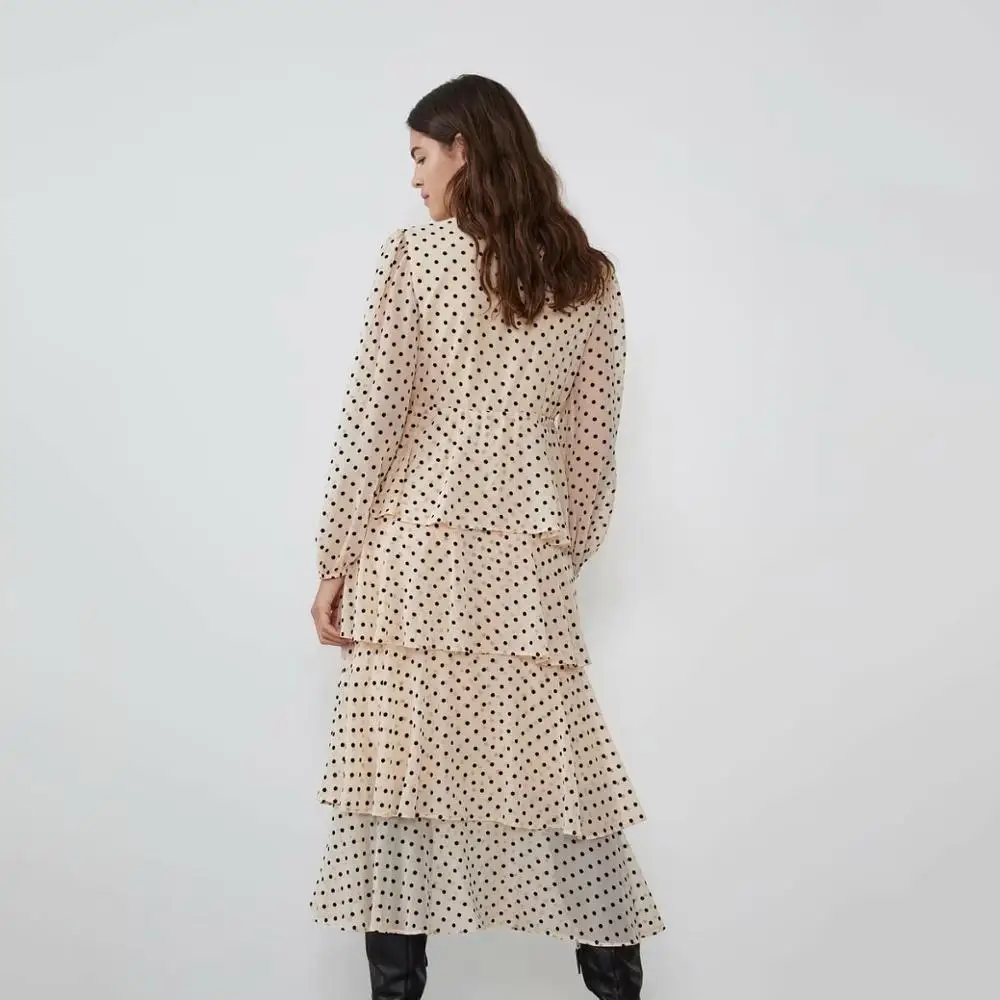 Женское длинное платье в горошек с V-образным вырезом и оборками | Женская одежда