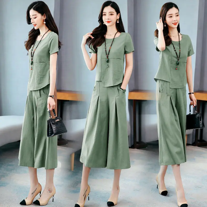 

2022Summer Short-Sleeved Set Female Wide-Leg Pants Cotton Linen Two-Piece Top Three-Dimensional Decorative Suit Women