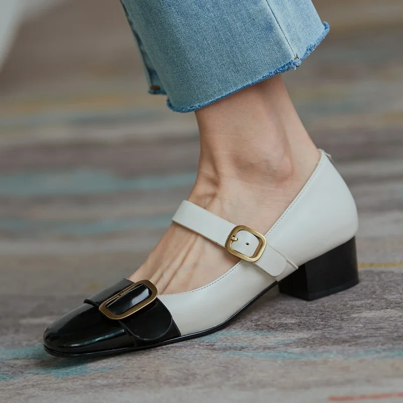 

Shallow Elegant Square Toe Handmade Shoes For Women Genuine Leather Thick Low Heels Pumps Dress Party Shoes Woman Size 34-40