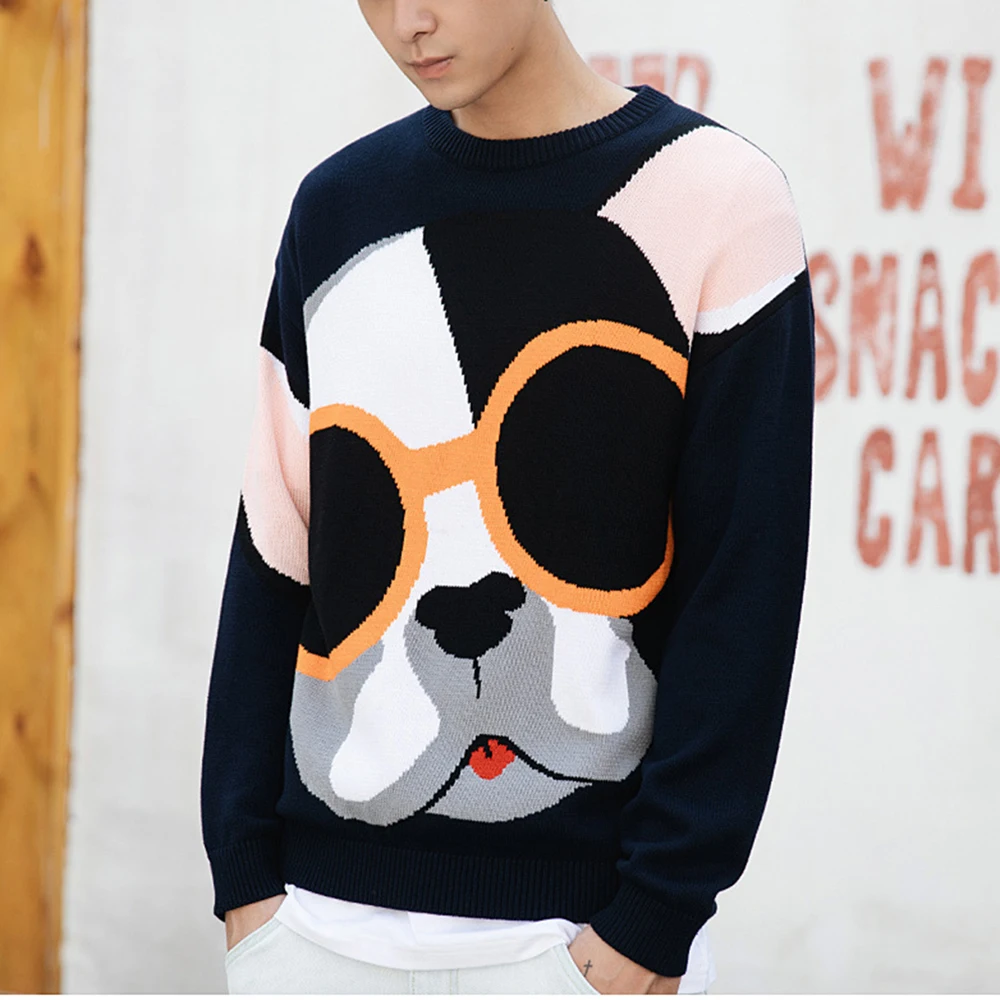 Men Sweater Cartoon Funny Dog Print O-Neck Pullover Sweaters Men Soft Slim Casual High Street Fashion Streetwear