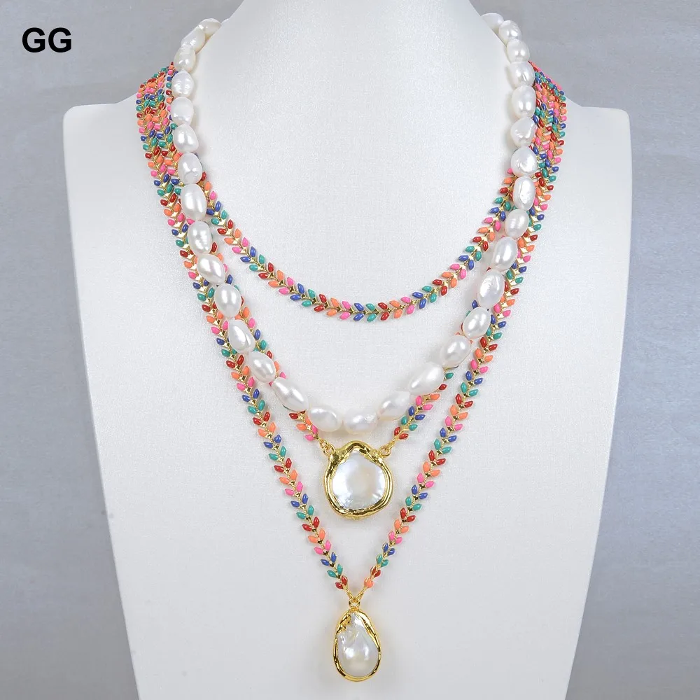 GG Jewelry Multi Color Enamel Chain Cultured White Baroque Pearl Statement Necklace Keshi Pearl Charm Pendant Necklace For Women