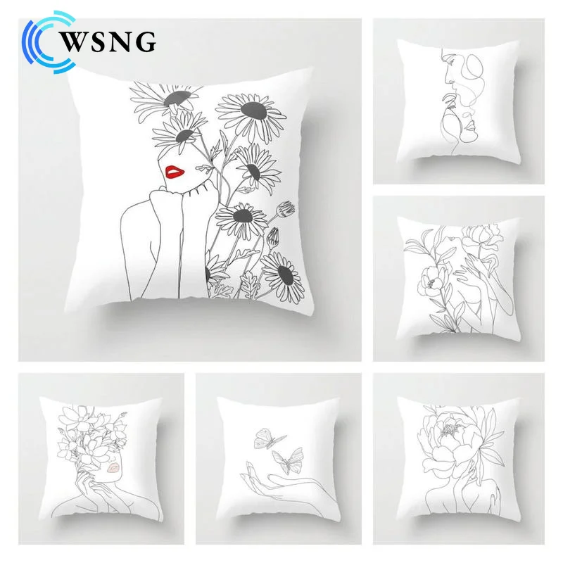 

Abstract Line Drawings Simple White Pillow Cover Portrait Sketch Modern Nordic Cushion Cover Sofa Seats Decorative Pillowcase