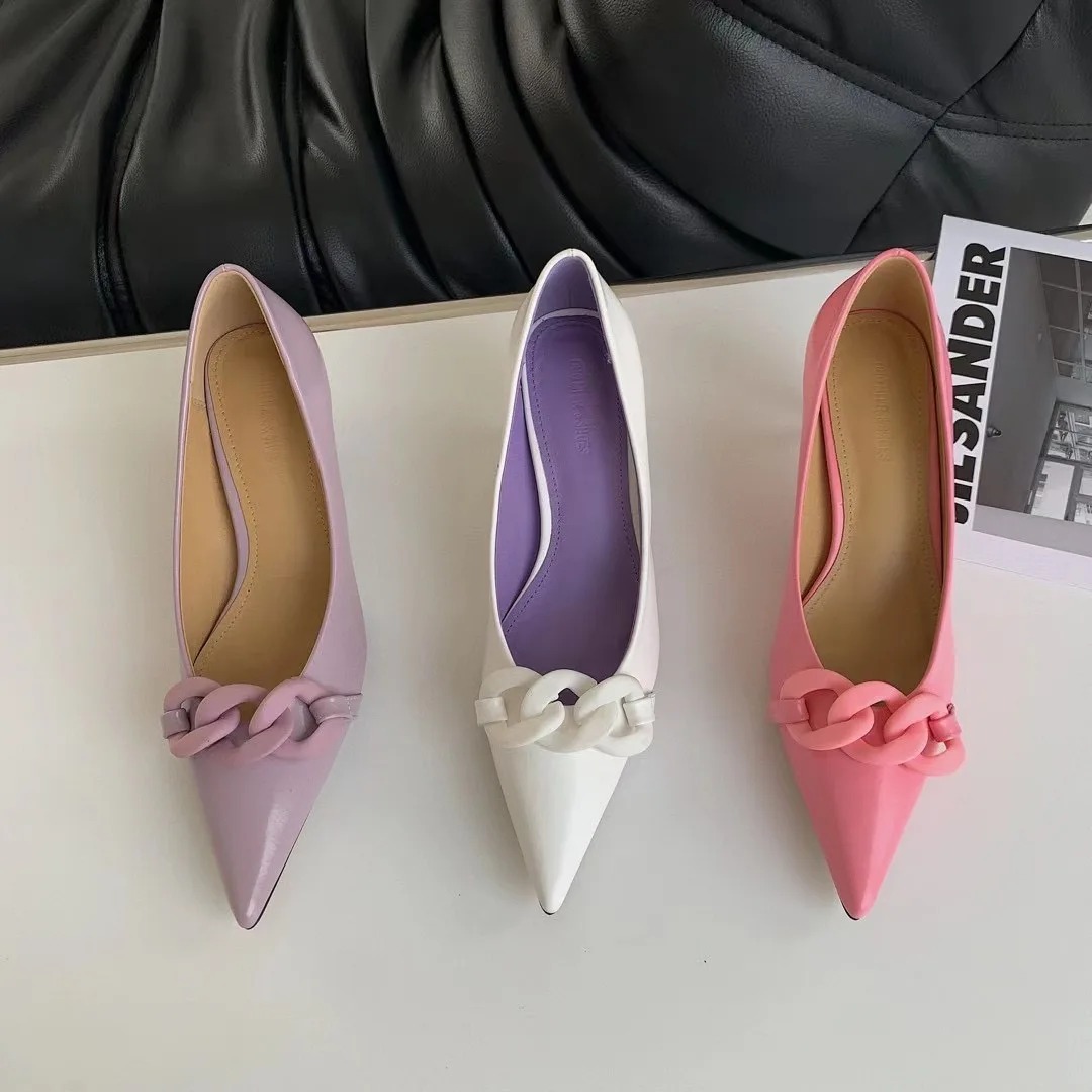 

Fashion Women Pumps Pointed Toe Metal Chain Sweet Style Purple Pink Office Dress Shoes Party Pumps Thin High Heels Elegant Pumps
