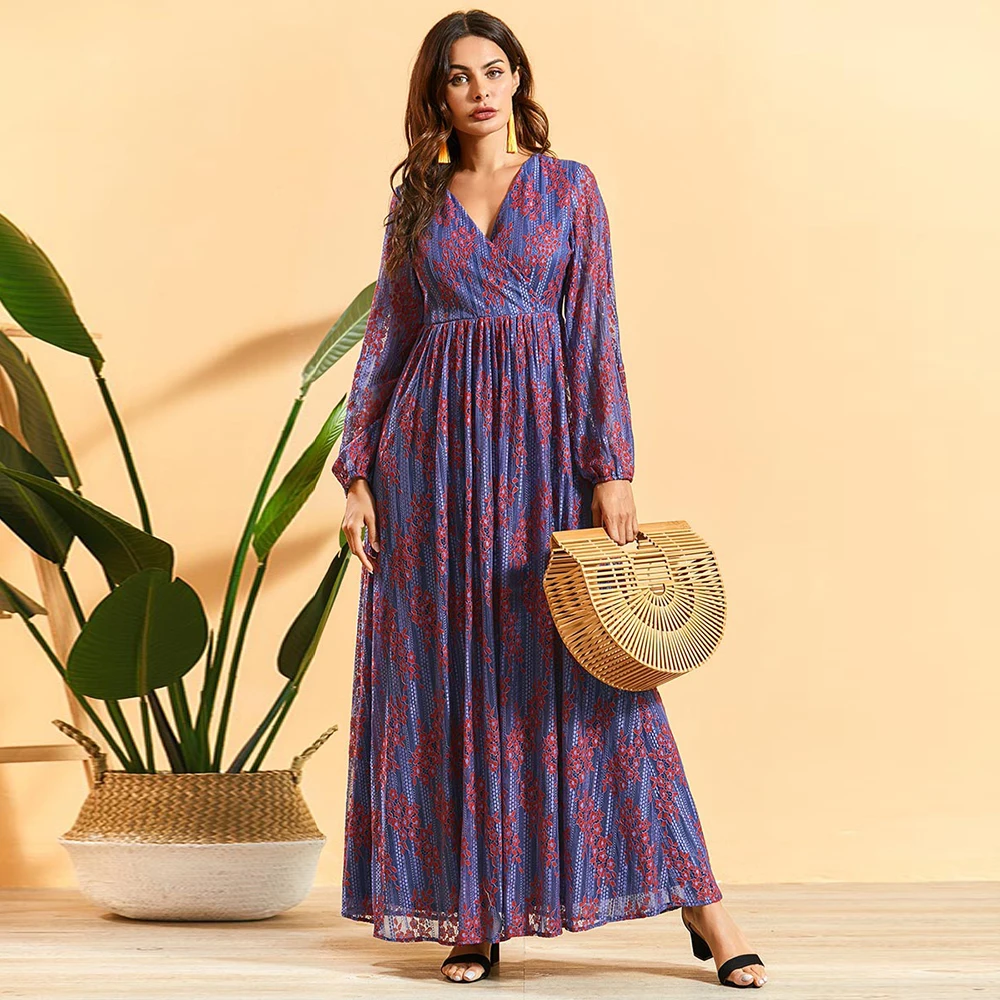 

Siskakia High-end Lace Jacquard purple Long Dress Bohemia V Neck Full Sleeve Empire Swing Elegant Maxi Dresses 2020 New