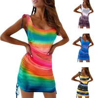 2021 new multicolor rainbow print short skirt square neck low cut drawstring tie hem casual sexy ladies dress retro summer
