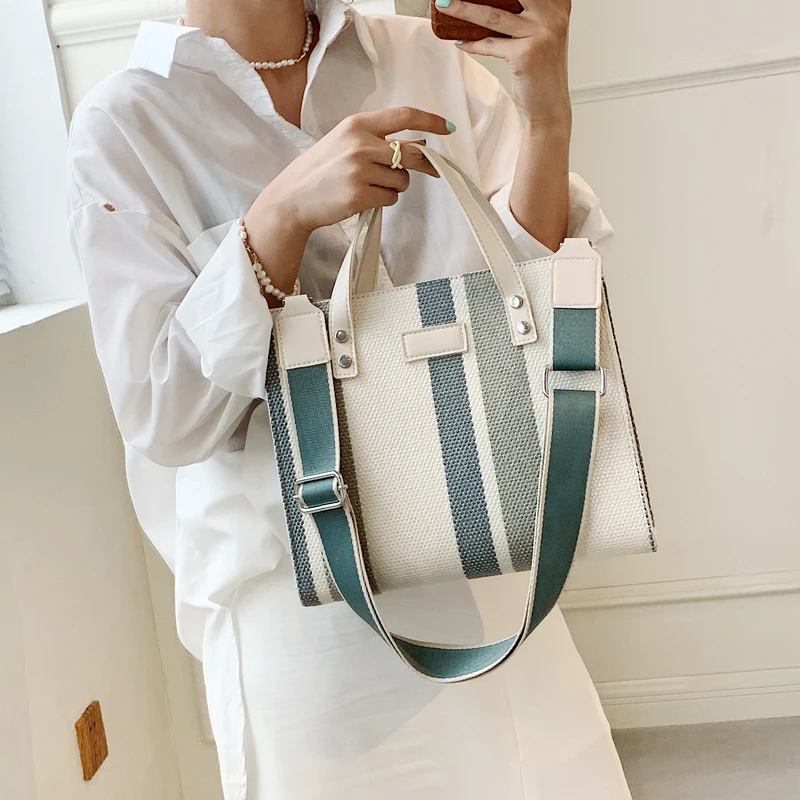 

Женская Холщовая Сумка-тоут в полоску, Повседневная модная вместительная сумка через плечо, 2021