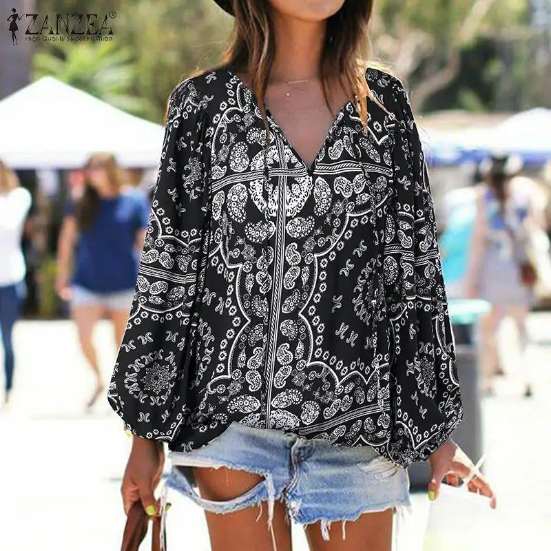 

ZANZEA Casual V Neck Blouse Women Autumn Bohemian Floral Printed Long Sleeve Tunic Tops Beach Holiday Blusas Mujer Vintage Shirt